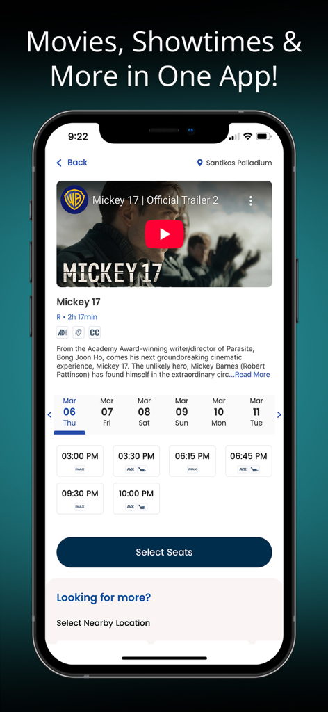 Santikos - Movies & Rewards - Écran de l'application Santikos montrant les détails du film, les bandes-annonces et la sélection des horaires pour la réservation de billets.