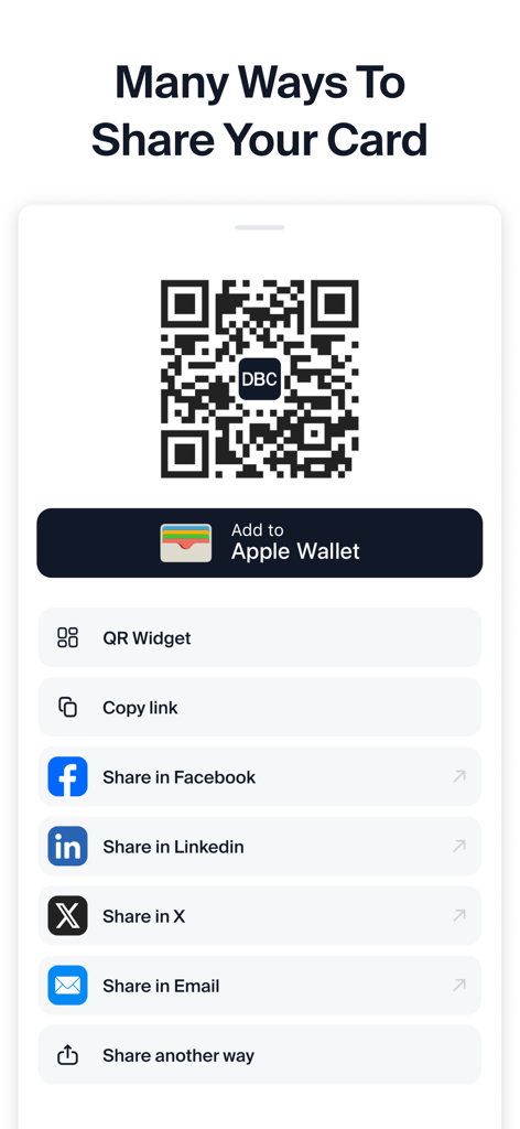 DBC app interface displaying various ways to share a digital business card including a QR code Apple Wallet integration and social media links