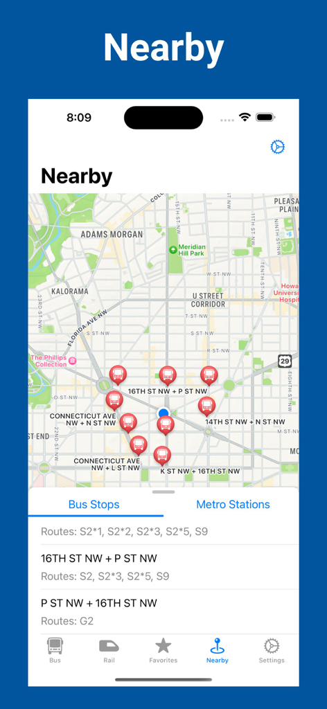DC Metro & Bus – Schedules - 워싱턴 DC 지역에서 가까운 버스 정류장 및 노선 번호를 보여주는 DC Metro 및 Bus 앱의 지도 보기
