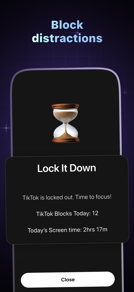 Bonfire: Screen Time Blocker - Bonfire app interface showing a blocked TikTok notification with daily focus stats