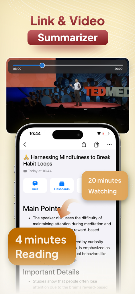AI Note Taker - Smart Note - A smartphone screen displaying a four minute reading summary generated from a twenty minute video using AI Note Taker