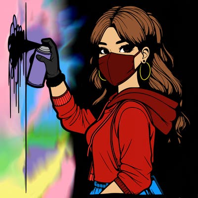 realistic girl with mask spray painting a wall