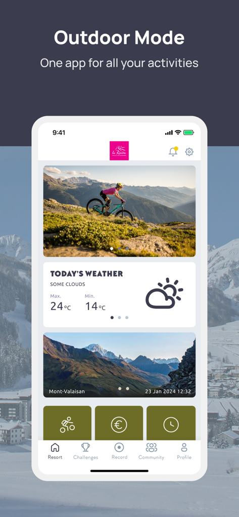 Mobile interface of the Espace San Bernardo app displaying outdoor mode weather updates and mountain activities