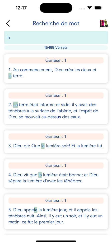 French Bible - Offline - Pantalla mostrando resultados de búsqueda de palabras para versículos del Génesis en la aplicación móvil Biblia en Francés.