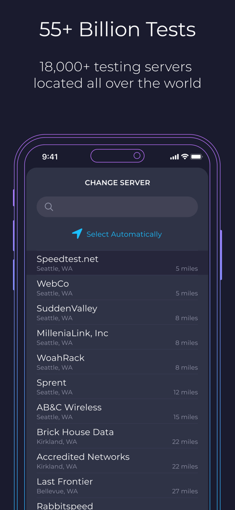 Speedtest by Ookla interface displaying a list of nearby testing servers and the option to select automatically.