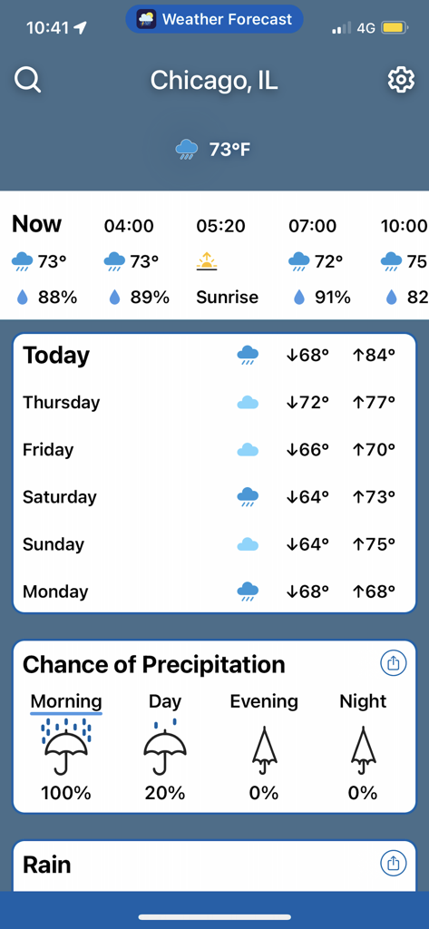 Weather Forecast by Climacam - Minimalist weather app dashboard showing Chicago hourly and weekly forecast with precipitation probability