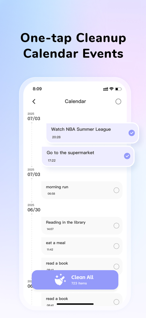 CleanEasy: Memory Manage - CleanEasy app interface showing the one-tap calendar cleanup feature for deleting multiple events at once
