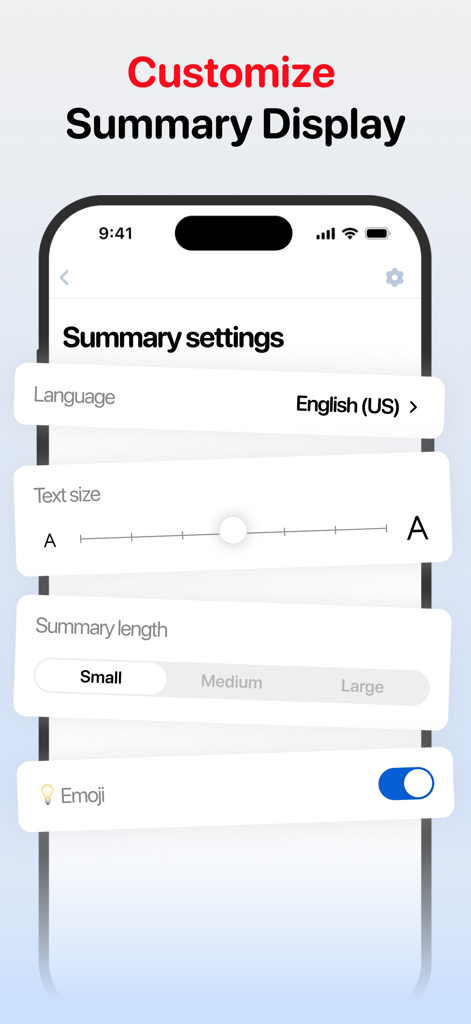 언어, 텍스트 크기 및 길이에 대한 설정을 사용하여 YouTube 요약 표시를 사용자 지정합니다.