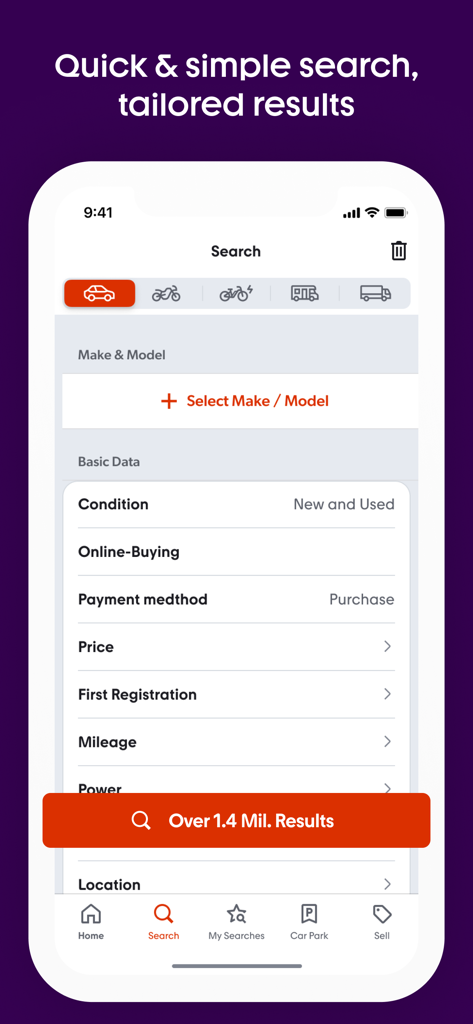 Écran de recherche de l'application mobile.de affichant les catégories de véhicules et des filtres de recherche détaillés