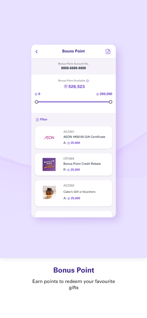 AEON HK - Tela de pontos de bônus do aplicativo AEON HK mostrando o saldo disponível e recompensas de vales-presente.