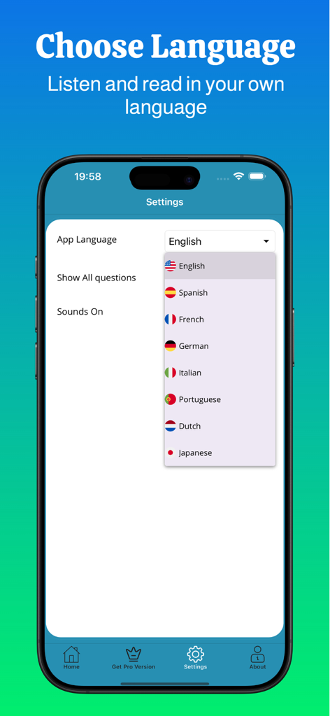 Language selection screen in the WISC-V Test Preparation Pro app showing multiple language options including English Spanish and French