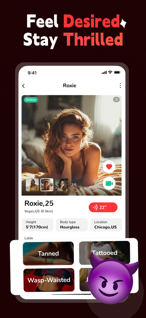 XDate app interface showing a detailed user profile for a 25 year old woman with photos and physical interest tags