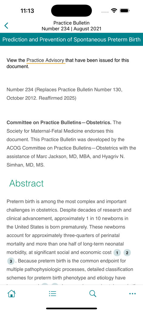 ACOG - Mobile screen of ACOG practice bulletin on preterm birth