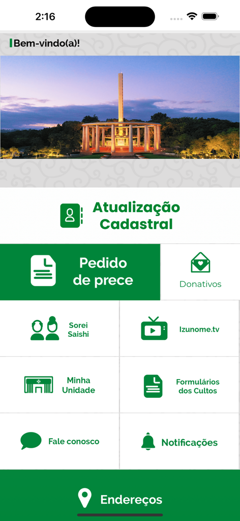Igreja Messiânica - L'interface d'accueil de l'application Igreja Messianica pour l'Église Messianique Mondiale du Brésil