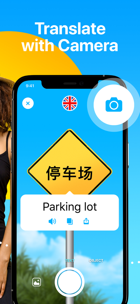 Dialog - Translate Speech - iPhone-Bildschirm mit der Kameraübersetzung der Dialog-App eines chinesischen Schilds ins Englische