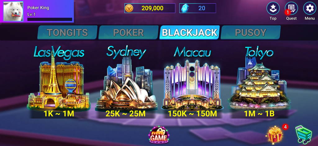 Poker & Slots - Poker Offline - Blackjack level selection screen showing world cities like Las Vegas and Sydney with betting ranges