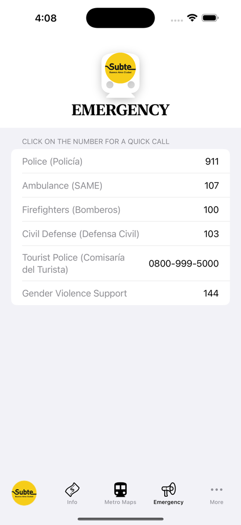 Pantalla de contactos de emergencia en la aplicación Buenos Aires Subway Map que muestra números de emergencia locales para servicios policiales y médicos.