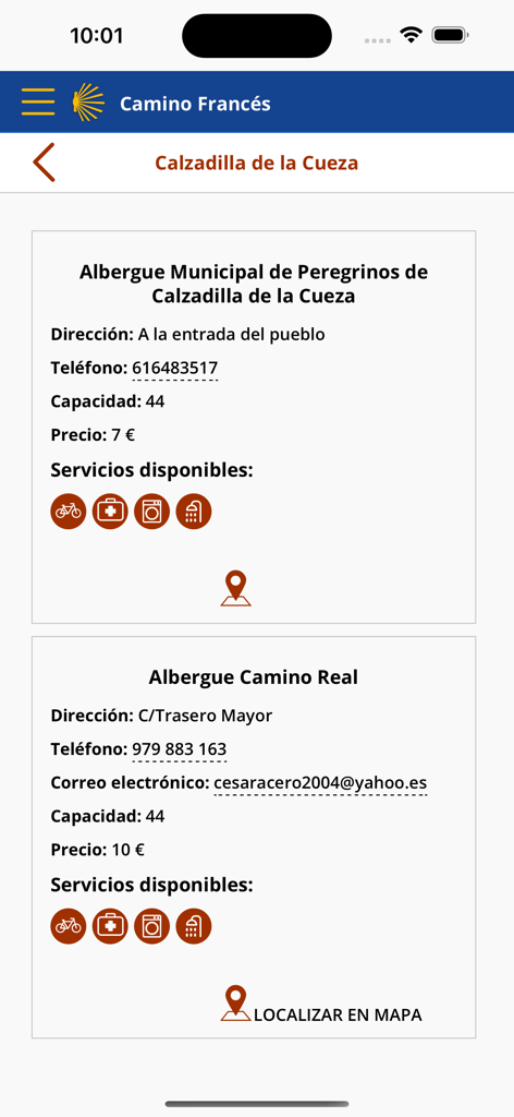 Caminos de Santiago - Screenshot dell'app Caminos de Santiago che mostra un elenco di ostelli per pellegrini con prezzi e servizi per Calzadilla de la Cueza