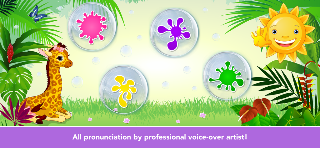 Toddler educational game interface showing bubbles with different colors and a friendly giraffe