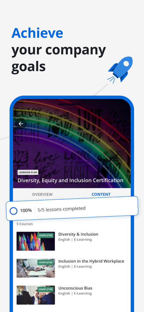Go.Learn mobile app interface showing a completed corporate certification for diversity and inclusion.