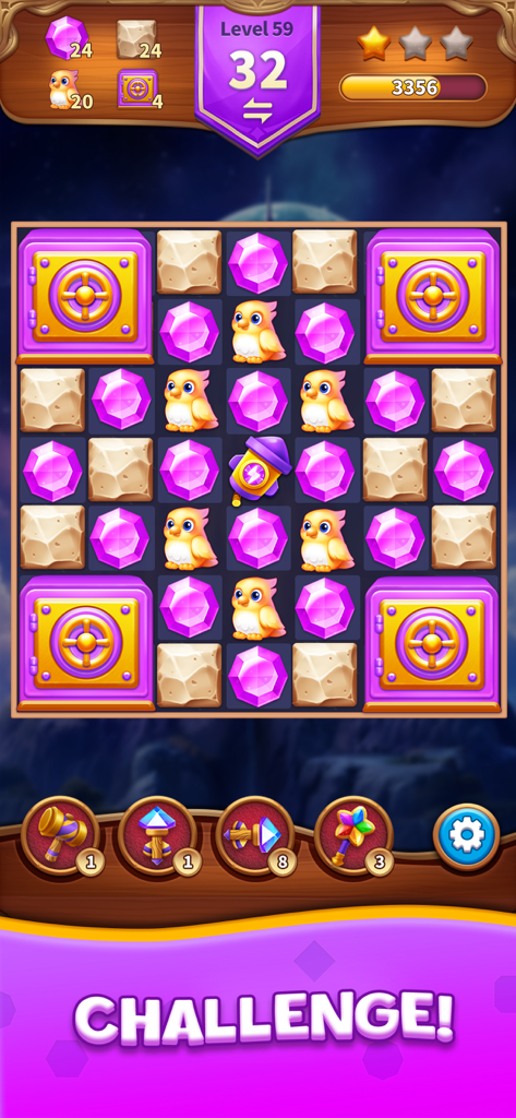 Jewels Adventure Match Blast - A match 3 puzzle level in Jewels Adventure Match Blast with purple gemstones and bird characters