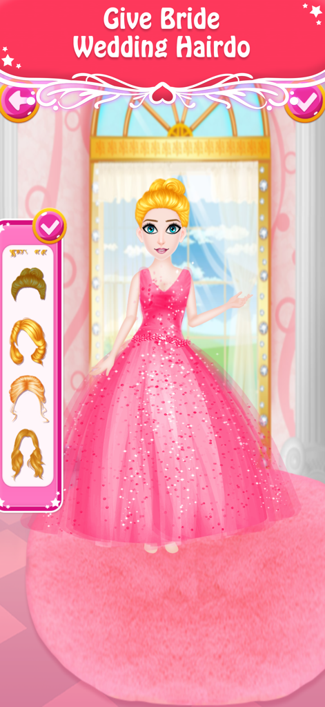 A cartoon bride in a sparkly pink dress choosing a wedding hairstyle in a mobile game