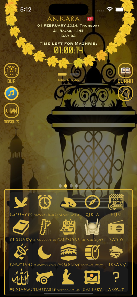 Dashboard of the Muslim Prayer Times Pro app with a countdown to Maghrib prayer and a grid of Islamic feature icons