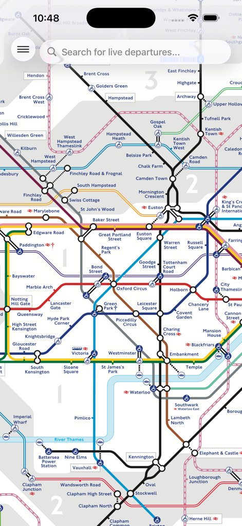 Official London Underground map with station search bar