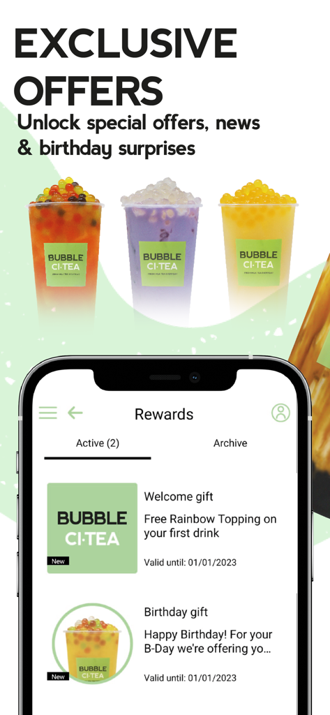 Bubble CiTea - Écran de l'application mobile Bubble CiTea montrant des récompenses comme des cadeaux de bienvenue et des surprises d'anniversaire aux côtés de boissons bubble tea colorées