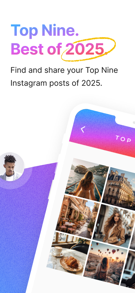 Promotional screen for Top Nine for Instagram 2025 showing a collage of a user's top nine most liked posts.