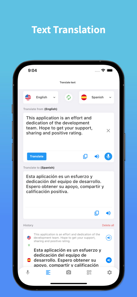 Spanish Translator - EsGot - Oberfläche der EsGot-App zeigt eine Englisch-zu-Spanisch-Textübersetzung
