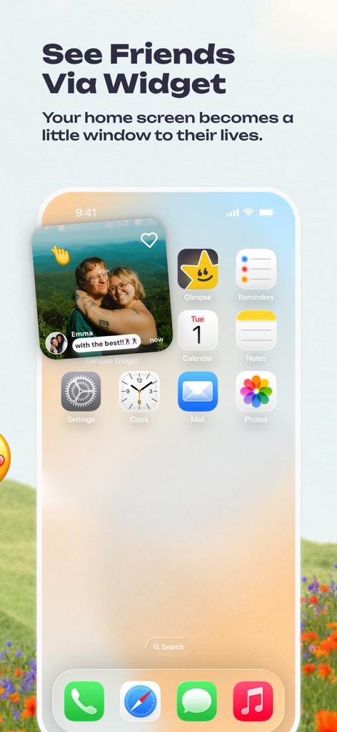 Glimpse: BFF & Couples Widget - Widget dell'app Glimpse che mostra una foto di un amico su una schermata Home di iPhone