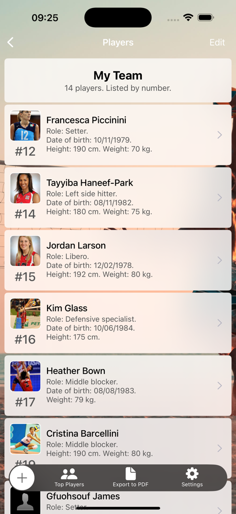 Assistant Coach Volleyball - A list of volleyball players with photos, roles, and physical statistics in the Assistant Coach Volleyball app
