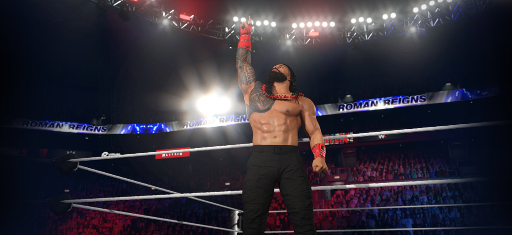 WWE 2K25: Netflix Edition - Roman Reigns raising his arm in a wrestling ring in WWE 2k25 Netflix Edition