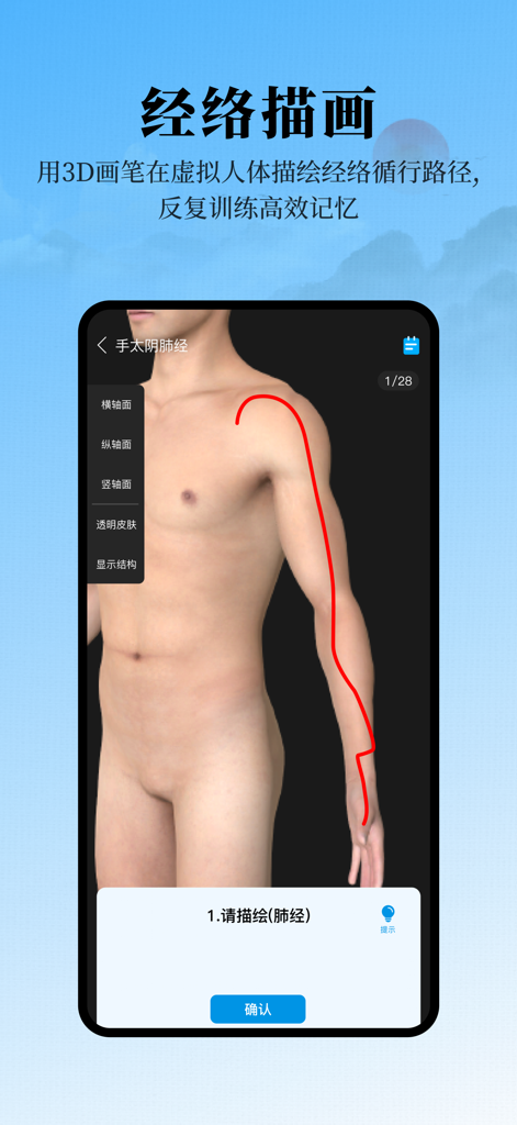 中医经络腧穴—针灸大师 - A 3D human model showing the Lung Meridian path for interactive tracing training in the Acupuncture Master app