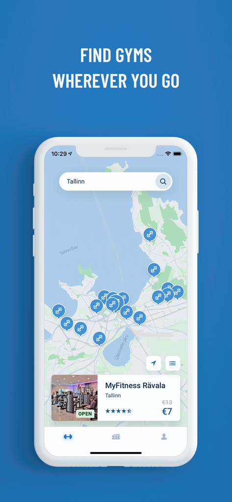 TrainAway: Find Gyms Worldwide - TrainAway app interface showing a map of gyms in Tallinn with a discounted day pass offer.