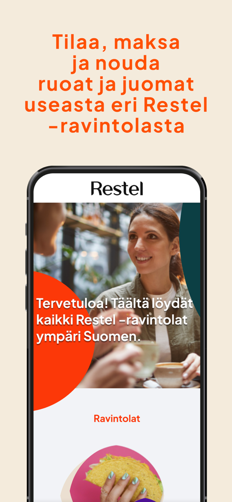 Restis - Smartphone screen showing the Restis app homepage for ordering food and drinks from multiple restaurants
