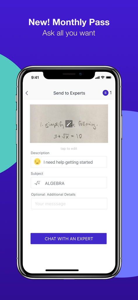 PhotoStudy - Live Study Help - PhotoStudy app interface for sending an algebra math problem to a live expert
