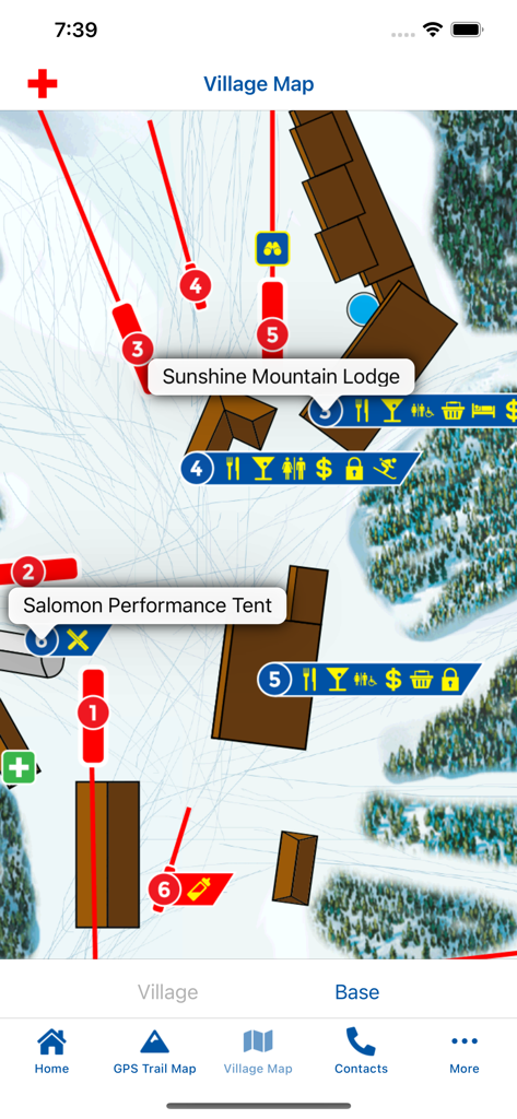 Sunshine Village Banff - リゾートのアメニティとロッジを示すサンシャインビレッジ バンフ アプリ内のデジタルビレッジマップ