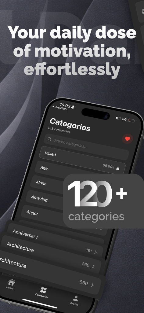Quotty: Motivational quotes - Interfaz de la aplicación Quotty mostrando una lista de más de 120 categorías de citas motivacionales sobre un fondo oscuro.
