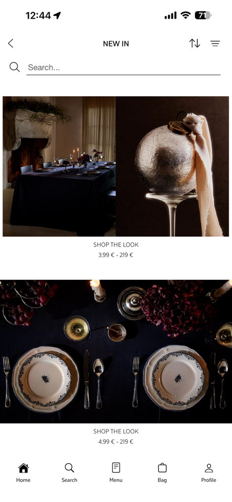 Zara Home - Interfaz de la app Zara Home mostrando elegantes mesas de comedor y inspiración de vajilla en la sección Compra el Look