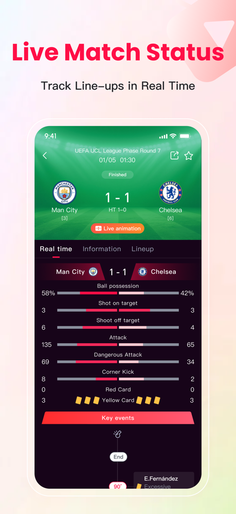 Z8Scoreアプリ。マンチェスター・シティ対チェルシーの試合におけるリアルタイムのサッカー試合統計（ポゼッションやシュート数など）が表示されています。