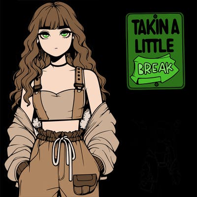 a realistic teenage girl with wavy long hair with a crop top and baggy pants with a big belt with a sign saying taking a little break