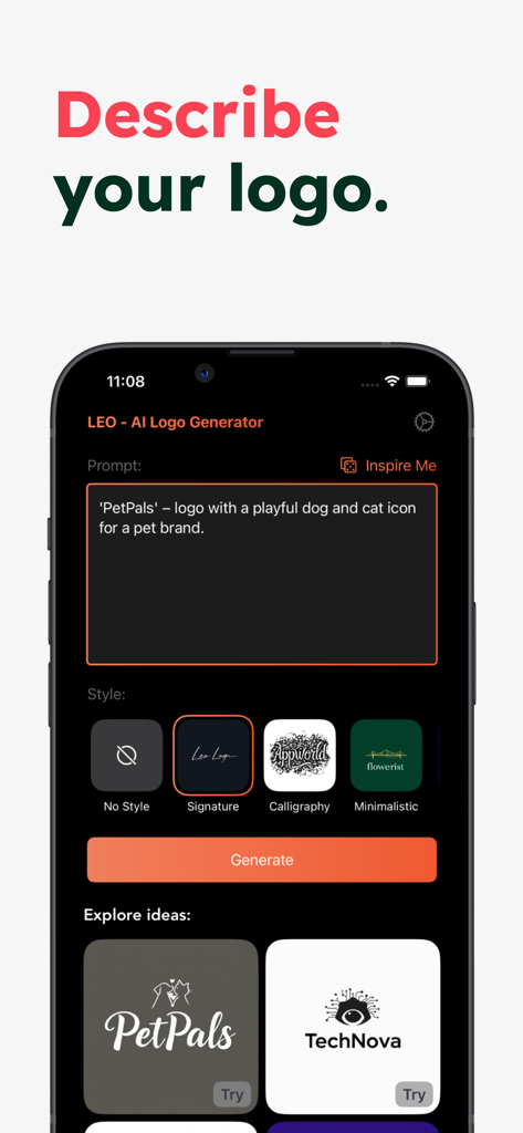 Leo: AI Logo & Signature Maker - Leo AI Logo Generatorアプリのインターフェース。ペットブランドのロゴのテキストプロンプトと、さまざまなスタイルの選択オプションが表示されています