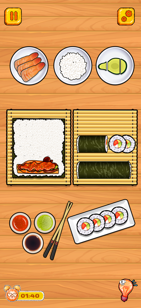 ASMR Master - Mukbang Eating - Gameplay screen of ASMR Master showing sushi preparation with ingredients and a rolling mat.