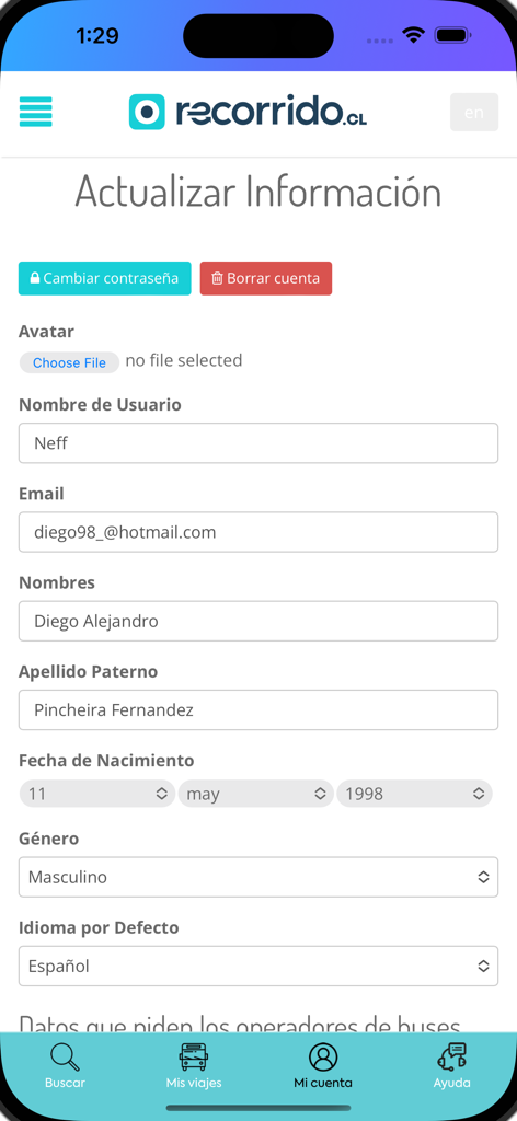 Écran des paramètres du compte utilisateur et des informations de profil dans l'application Recorrido