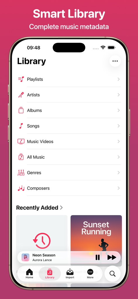 Synic - Offline Music Player - Captura de pantalla de la pantalla de Biblioteca Inteligente de la aplicación Synic mostrando categorías de música y metadatos organizados