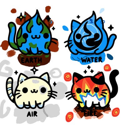 4 cats that represent the different elements, earth, water, air, and fire