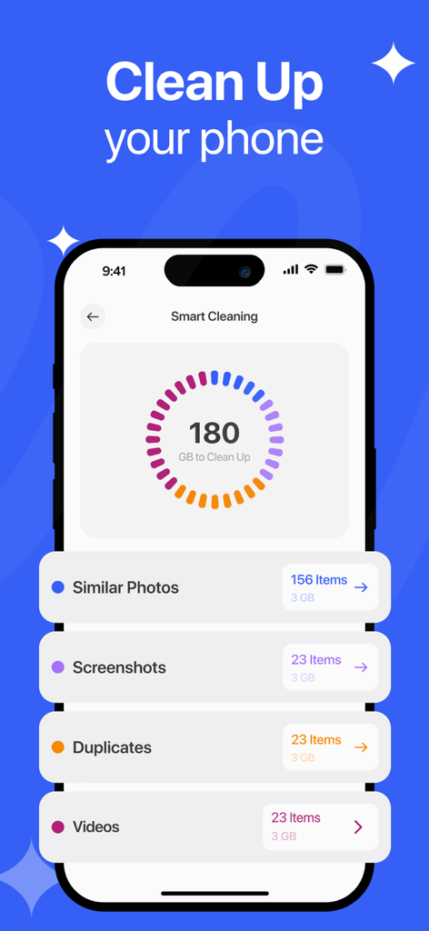 Freshify - Phone Cleaner - Freshify app interface showing smart cleaning dashboard with 180 GB of storage to clean up including similar photos screenshots and duplicates
