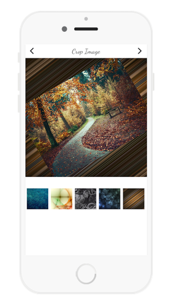 المصمم العربي للكاميرا - Screenshot of the Arabic Camera Designer app showing a forest photo inside a textured frame with filter options.